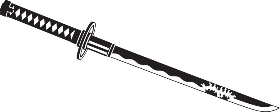 Black and white sketched of a traditional Japanese sword with a detailed handle and blade samurai katana