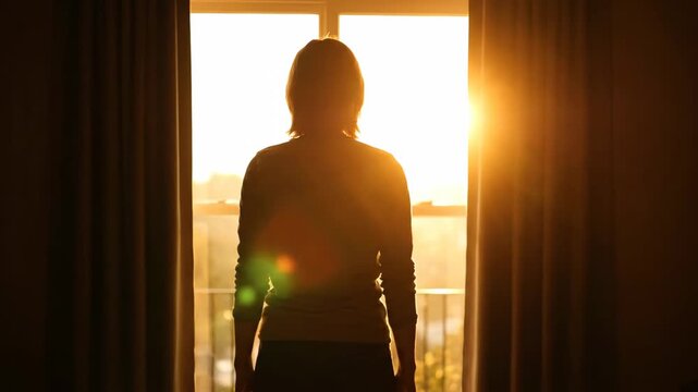 Woman opening curtains in her room to let in the bright morning sunlight. Welcoming a new day with hope and optimism. Concept of new beginnings and future opportunities