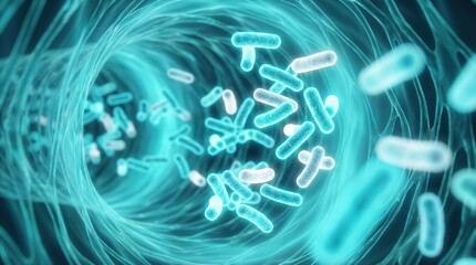 Fototapeta premium Microscopic 3D rendering of beneficial gut bacteria flowing through a blue biological tunnel for medical research concept.