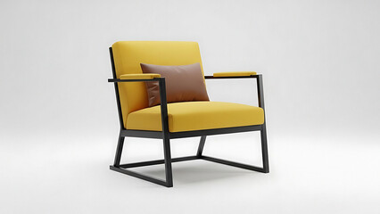 Obraz premium Modern yellow armchair with black metal frame and brown pillow on white background viewed from the side