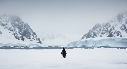A small penguin walking across a vast frozen Antarctic landscape, emphasizing scale, isolation, and the harsh polar environment