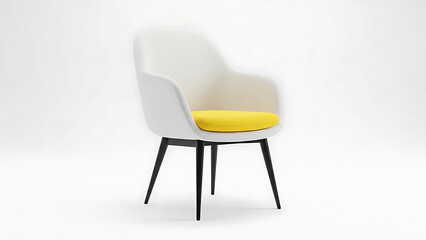 Fototapeta premium Modern chair with yellow cushion on black legs in a minimalist white setting viewed from the side