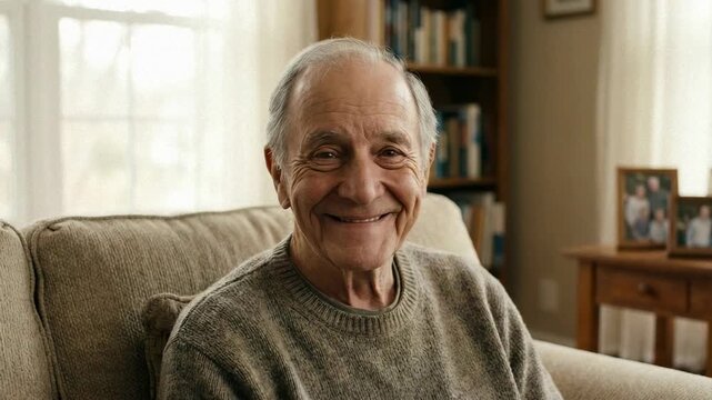 Smiling Senior Man Relaxing at Home in a Cozy Living Room