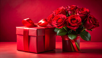 A pink backdrop with floating red hearts and gift boxes, featuring a central red gift box with a ribbon for valentines day