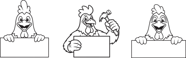 Cartoon Roosters Holding Blank Signs and Hammer illustration