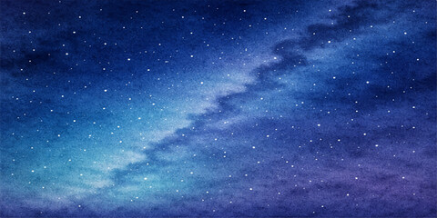 A vibrant abstract nebula glows within a deep blue cosmos, illuminating a starry night sky filled with bright galaxies and distant planets across the dark outer space universe © lima