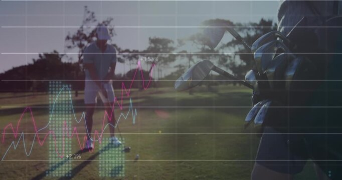 Animation of statistical market data processing against man playing golf at the golf course