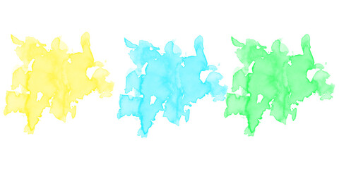 Abstract vibrant glowing watercolor splotches trio yellow cyan green Modern art background design digital texture