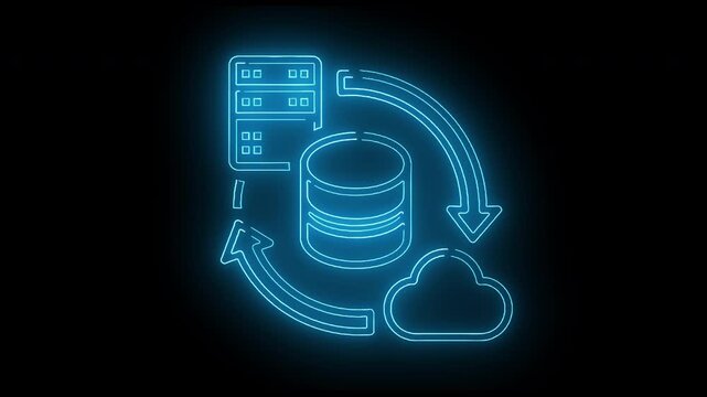 Neon blue line illustration of a database cylinder with arrows exchanging data with a cloud and a smartphone on a black background.
