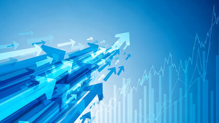 A blue and white abstract image of arrows pointing upwards with a graph in the background