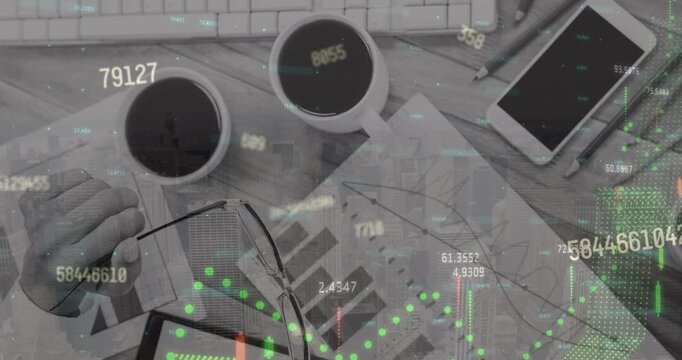 Animation of abstract shapes and financial data processing over mid section of a man holding glass