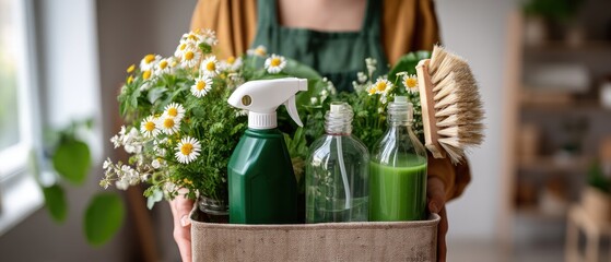 Woman holding a cleaning basket with eco-friendly products, flowers, and a brush in a bright indoor space during spring cleaning activity