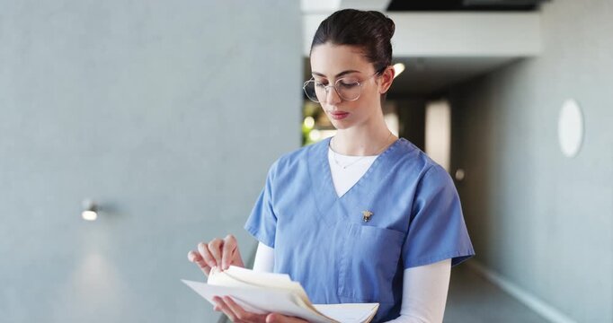 Nurse, documents and report with woman in hospital for treatment plan, patient history or medical research. Healthcare results, insurance paperwork or checkup records with person for doctor referral
