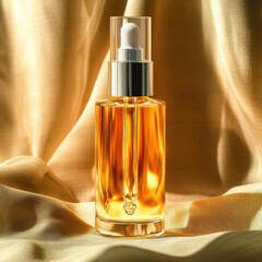 Naklejka premium Cosmetic dropper bottle with clear liquid serum, silver tone container on neutral fabric, natural skincare product, beauty treatment marketing.