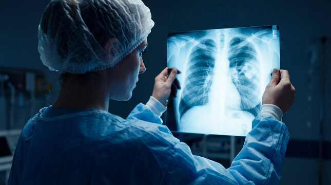 A dedicated doctor or surgeon in a sterile gown and cap carefully reviews a patient's chest X-ray in a dimly lit medical environment, focusing on diagnostic analysis