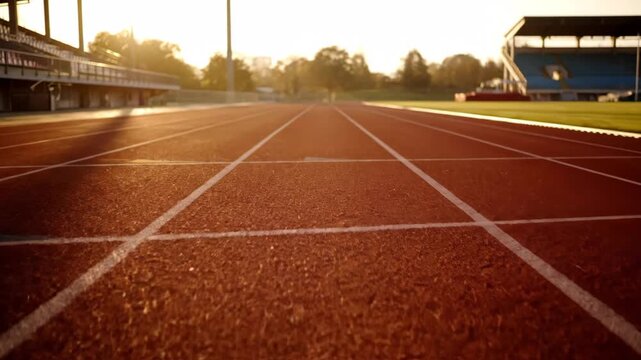 Low angle perspective of an empty running track at a stadium during golden hour. Motivational background for sports, athletics, and personal fitness goals and achievements