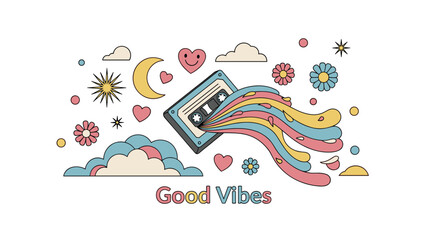 Naklejka premium Retro style illustration with the text good vibes featuring a cassette tape with rainbow waves flowers hearts clouds and celestial star elements.