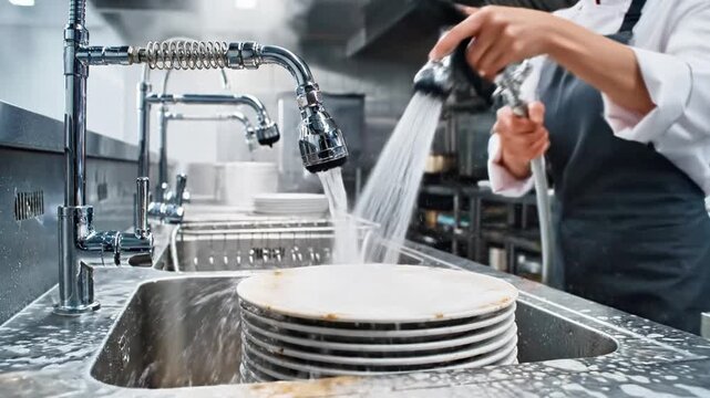 A person washing stacked plates under a kitchen faucet