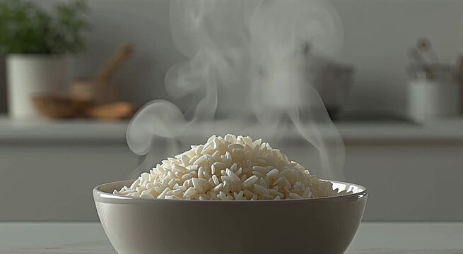 Clean animation of freshly cooked white rice in a bowl with soft steam rising continuously