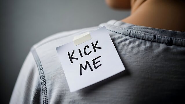 A person with a 'kick me' note on their shoulder