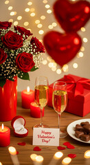 Fototapeta premium Romantic Valentine's Day table setting with champagne, roses, heart chocolates, and a diamond ring