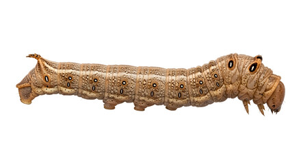 Close up of a segmented caterpillar larva with brown and beige textures isolated on a transparent background