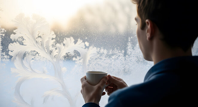 Young man holding a hot drink looking out through a window cover