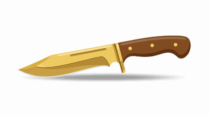 A sharp, gold-bladed hunting knife with a brown wooden handle