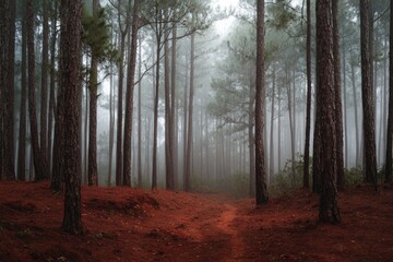 Fototapeta premium Misty forest path, tall pines, red earth, atmospheric, serene