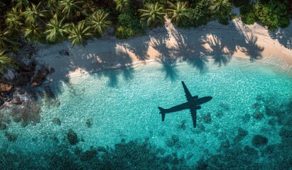 Aerial view of a shadow of a jetliner over a tropical beach and turquoise ocean