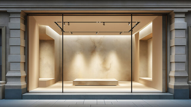 Empty classic storefront facade mockup with warm cream interior display plinth side shelving black framed windows track lighting textured walls and elegant stone column architecture.