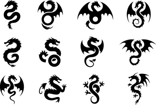 Black Dragon Silhouette Tattoo Icon Set