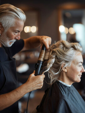 Professional hairdresser using curling iron tongs on mature woman hair in modern beauty salon.