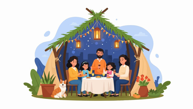 Family enjoys a festive meal together under a decorated sukkah at night