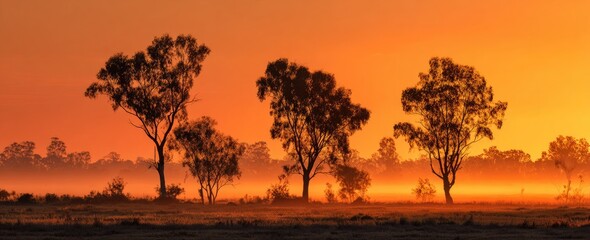Naklejka premium Silhouettes of trees emerge from morning mist under a vibrant sunrise sky