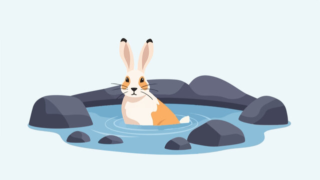 A charming illustration of a rabbit sitting in a calm body of water surrounded by rocks