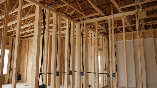 Residential building site with exposed timber framing and roof trusses. Electrical rough in phase with cables and junction boxes visible on the unfinished interior walls