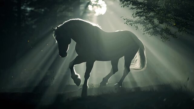 cinematic 4K video majestic horse galloping dense misty forest night. Volumetric moonlight beams piercing fog horse&rsquo;s flowing mane hooves. Floating dust particles glowing fireflies drifting Dramatic