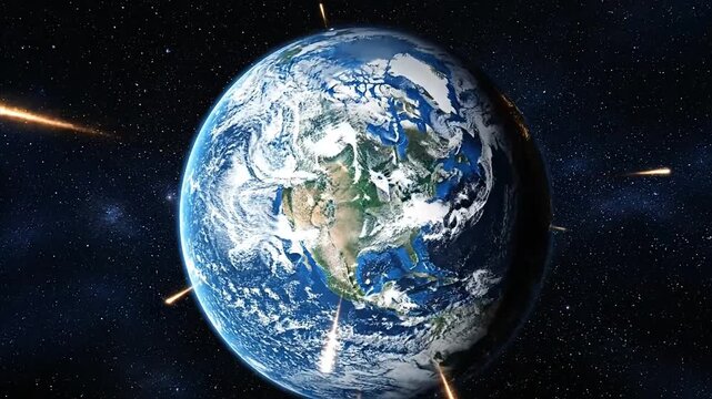 Animated earth globe with meteors in space for science and exploration