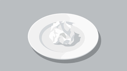 A crumpled piece of paper rests on a plain white plate against a gray background