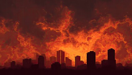 Fiery inferno engulfs city skyline under a turbulent, red sky