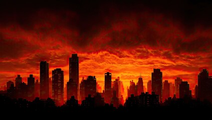 City skyline silhouetted against a fiery, apocalyptic sky