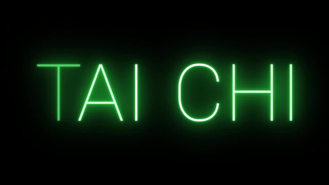 Flickering neon green glowing tai chi sign animated black background.