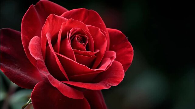 Close-up of a dark red rose blooming on a dark background. Petals with rich texture and illumination emphasize the intricate shape of the flower.