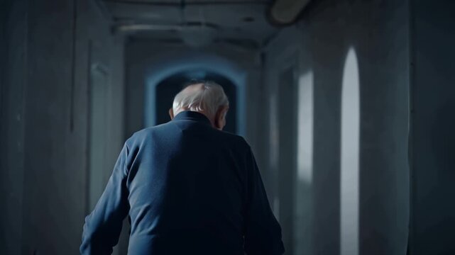 Cinematic 4K video, elderly man walking slowly down narrow corridor, physical strain visible, emotional struggle palpable, dimly lit, ethereal floating images life memories walls beams light ceiling