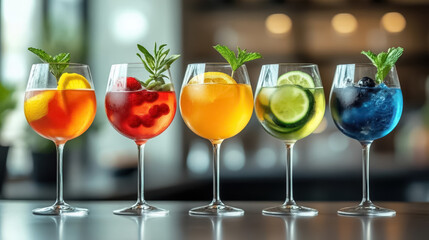 Tree colorful gin tonic cocktails in glasses on bar counter in pup or restaurant