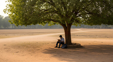 Young man sitting under a large tree reading a book in a dry ope
