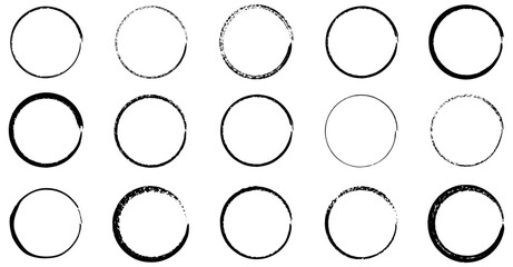 A collection of fifteen unique black distressed handdrawn grunge circular frames and artistic borders on a clean white background