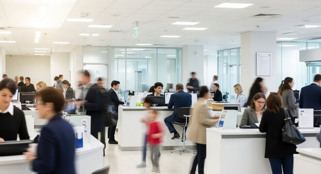 A Soft Focus Image of a Busy Banking Hall, Showcasing Clients Engaging with Tellers at Counters