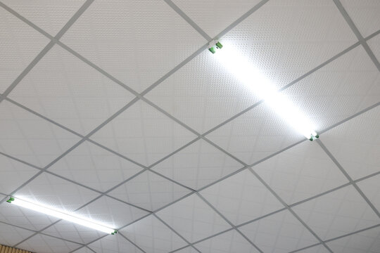 Low angle view showing typical office drop ceiling tile grid pattern with bright white fluorescent light tube lamps creating cold industrial atmosphere